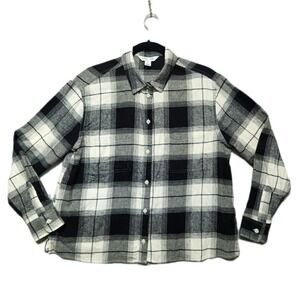 Old Navy Boyfriend Flannel Shirt Womens Medium Black White Plaid Long Sleeve NEW